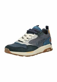 Pánské tenisky s různými texturami v námořnické modré, šedé a tyrkysové barvě. Mají síťovanou vrchní část, semišové akcenty a gumovou podrážku s logem značky.