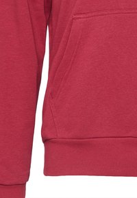 Felpa rossa in misto cotone con tasca frontale, polsini e cintura a coste, caratterizzata da una texture liscia e un design casual.