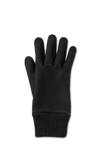 Svart fleecehanske med ribbestrikket mansjett. Glatt tekstur med en tettsittende fasong for fingrene. Ingen synlige logoer eller mønstre.