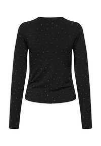 Maglietta nera a maniche lunghe con un design aderente, texture liscia e decorazioni di piccoli punti bianchi sparse sul tessuto.