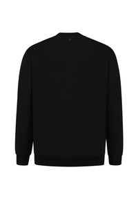 Zwarte sweatshirt met ronde hals, ribgebreide manchetten en zoom. Glad materiaal en minimalistisch ontwerp, zonder zichtbare logo's of patronen.