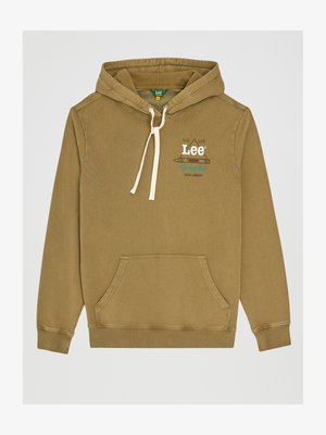 Rudas hoodie su raišteliu ir priekiu kišene, taip pat su gipiūrine apačia. Viršuje kairėje pusėje yra žalias ir baltas atspausdintas ženklas.