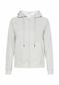 Felpa grigia con zip realizzata in tessuto morbido, dotata di una tasca frontale, cappuccio regolabile con cordino e polsini a coste. Tessuto liscio e design casual.