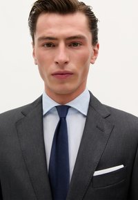 Traje gris con una camisa azul claro debajo, que presenta una corbata azul marino. El traje tiene un bolsillo único con un pañuelo blanco.