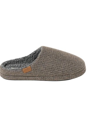 Brown textured slip-on slipper with soft gray fleece lining and a small brown fabric tag on the side.