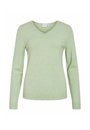 Pull vert clair à manches longues et col en V, avec poignets et ourlet côtelés, présenté sur un fond blanc uni.