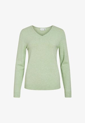 Lichtgroene, lange mouwen V-hals trui met geribbelde manchetten en zoom, weergegeven op een effen witte achtergrond.