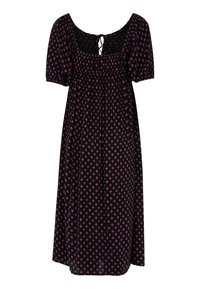 Robe noire avec manches courtes bouffantes, tissu texturé et motif de petits diamants roses. Comprend une taille froncée et un dos ouvert avec un lien.