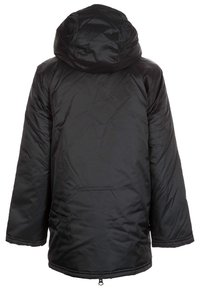 Black padded winter jacket with a hood, long sleeves, and a back zipper pull at the bottom.