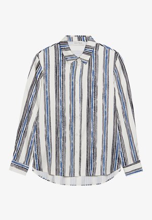 Košeľa na gombíky s vertikálnymi pruhmi v odtieňoch modrej, čiernej a bielej. Vyrobená z hladkej látky s klasickým golierom a gombíkovým zapínaním.