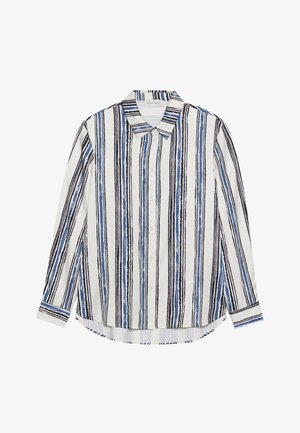 Marškiniai su mygtukais, turintys vertikalius dryžius mėlynos, juodos ir baltos spalvų atspalviuose. Pagaminti iš lygaus audinio, su klasikiniu apykakle ir mygtukų uždarymu.