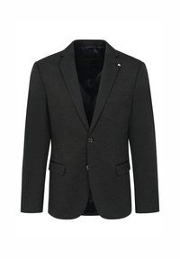 Dunkelgrauer Blazer aus strukturiertem Stoff mit einfacher Knopfleiste, zwei vorderen Taschen und gefranstem Revers. Gefüttertes Innenfutter.