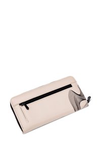 Cream leather wallet with black zipper pocket and abstract black curved line design on one corner, isolated on white background.