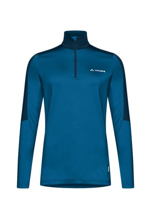 Blauwe lange mouwen pullover met een hoge kraag en een kwart rits. Het heeft zwarte accenten op de schouders en zijkanten. Vaude-logo op de borst.