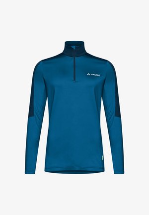 Pullover blu a maniche lunghe con colletto alto e zip a un quarto. Presenta accenti neri sulle spalle e sui lati. Logo Vaude sul petto.