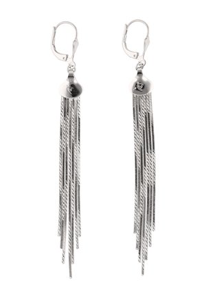 Srebrne kolczyki z łańcuszkami zakończone frędzlami, z zapięciami na dźwignię i grawerowanymi zaślepkami w kształcie kropli łzy.
