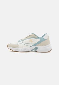 White and light blue sneaker with mesh and synthetic materials, featuring a textured sole, rounded shape, and patterned accents.