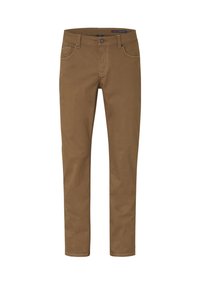 Brown pants made of cotton, featuring a smooth texture, straight-leg design, five pockets, and contrasting stitching details.