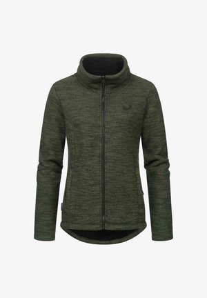 Groene fleecejas met hoge kraag, volledige ritssluiting aan de voorkant, gestructureerde stof en een gebogen zoom. Bevat een klein logo op de borst.