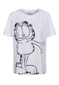 T-shirt en coton blanc avec un grand contour noir d'un chat cartoon aux grands yeux et à la main levée. Manches courtes, encolure ronde.
