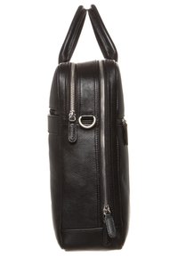 Borsa in pelle nera con una forma strutturata, dotata di una cerniera su un lato e di un manico superiore. Texture liscia e dettagli metallici.