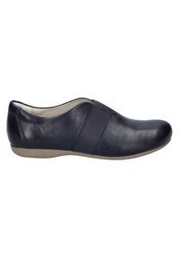 Navy leather flat shoe with a round toe, elastic band across the midfoot, and a beige rubber outsole. Smooth texture with minimal detailing.