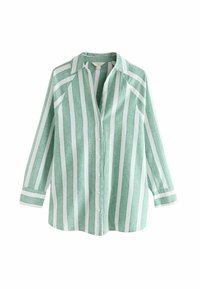 Zaļi un balti svītrota krekla ar garām piedurknēm, viegla auduma, izteikta apkakle un divām krūšu kabatām, ar taisnu apakšu.