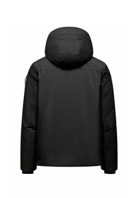 Giacca imbottita nera con cappuccio, caratterizzata da una finitura liscia e opaca, tasche con zip e maniche elastiche. La vista posteriore mette in evidenza il design elegante.