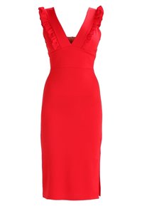 Robe midi rouge sans manches avec décolleté en V profond et bordure à volants sur les bretelles, taille cintrée et fente latérale.
