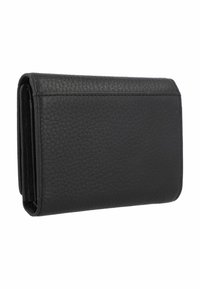Cartera de cuero negro con un acabado texturizado, forma rectangular y costuras sutiles a lo largo de los bordes. Sin hardware o acentos visibles.