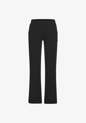 Schwarze Sporthosen mit einem anliegenden Bund, geraden Beinen und seitlichen Druckknöpfen entlang der äußeren Nähte. Glattes, dehnbares Material.