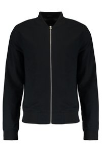 Black bomber jacket with front silver zipper, ribbed collar, cuffs, and waistband, displayed on a white background.