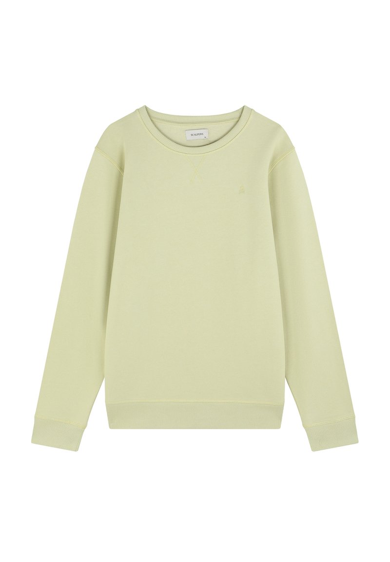 Lichtgroene sweatshirt van zacht materiaal, met een ronde hals, geribbelde manchetten en een minimalistisch logo op de borst. Eenvoudig ontwerp.