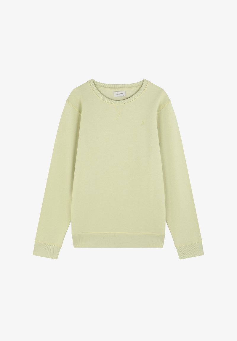 Hellgrüner Sweatshirt aus weichem Stoff, mit Rundhalsausschnitt, gerippten Bündchen und einem minimalistischen Logo auf der Brust. Einfaches Design.