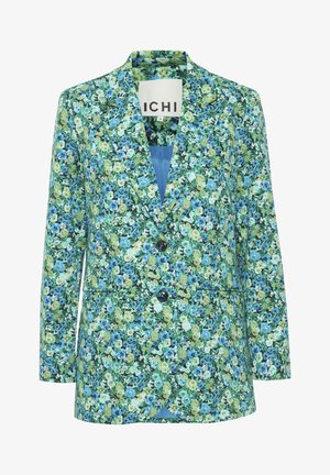 Květinový blazer z lehkého materiálu s kombinací zelených a modrých květin na tmavém pozadí, se dvěma knoflíky a klopovými kapsami.