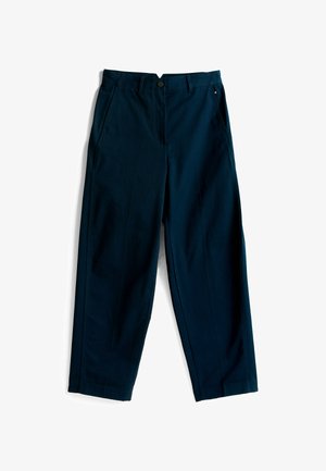 Königsblaue Baumwollmix-Hosen mit geradem Schnitt, ausgestattet mit einem vorderen Knopfverschluss und Seitentaschen. Glatte Textur und minimale Details.