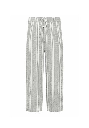Lichtgrijze linnen broek met brede pijpen, verticale witte en donkergrijze strepen en een taille met trekkoord.