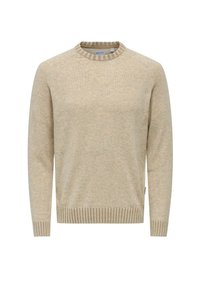 Maglione beige lavorato a maglia con colletto a girocollo, polsini e orlo a coste. Presenta un tessuto testurizzato con leggere variazioni di colore.