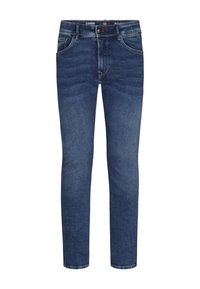 Jeans de mezclilla azul oscuro con corte recto, cinco bolsillos y un ligero desgaste. Presenta un cierre de botón metálico y cremallera.