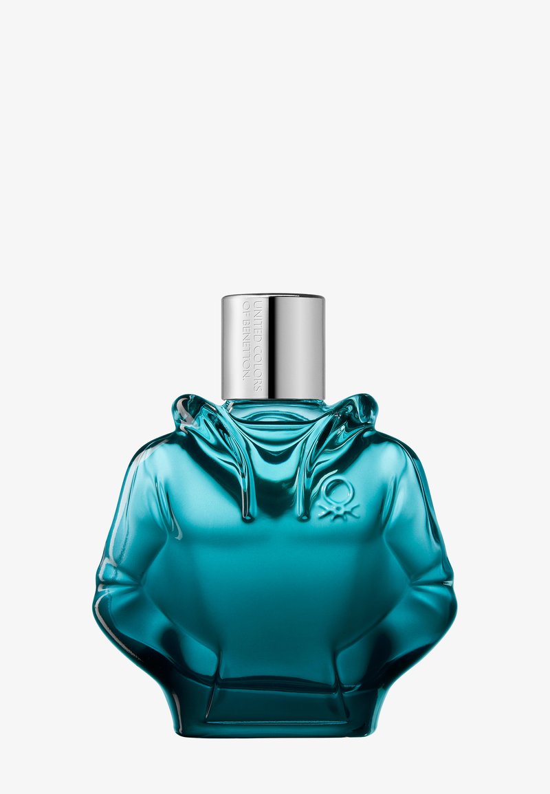 Flacon de parfum en verre bleu en forme de sweat à capuche avec bouchon argenté gravé "United Colors of Benetton."
