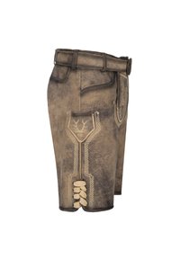 Shorts en cuir marron avec une broderie beige complexe, une ceinture et plusieurs poches, présentant des accents décoratifs et des détails de lacets.