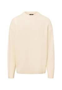 Cream-colored knitted sweater with a round neck and long sleeves. Features a textured pattern and ribbed hem and cuffs.