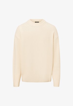 Pull en tricot de couleur crème avec un col rond et des manches longues. Présente un motif texturé et un ourlet ainsi que des poignets côtelés.