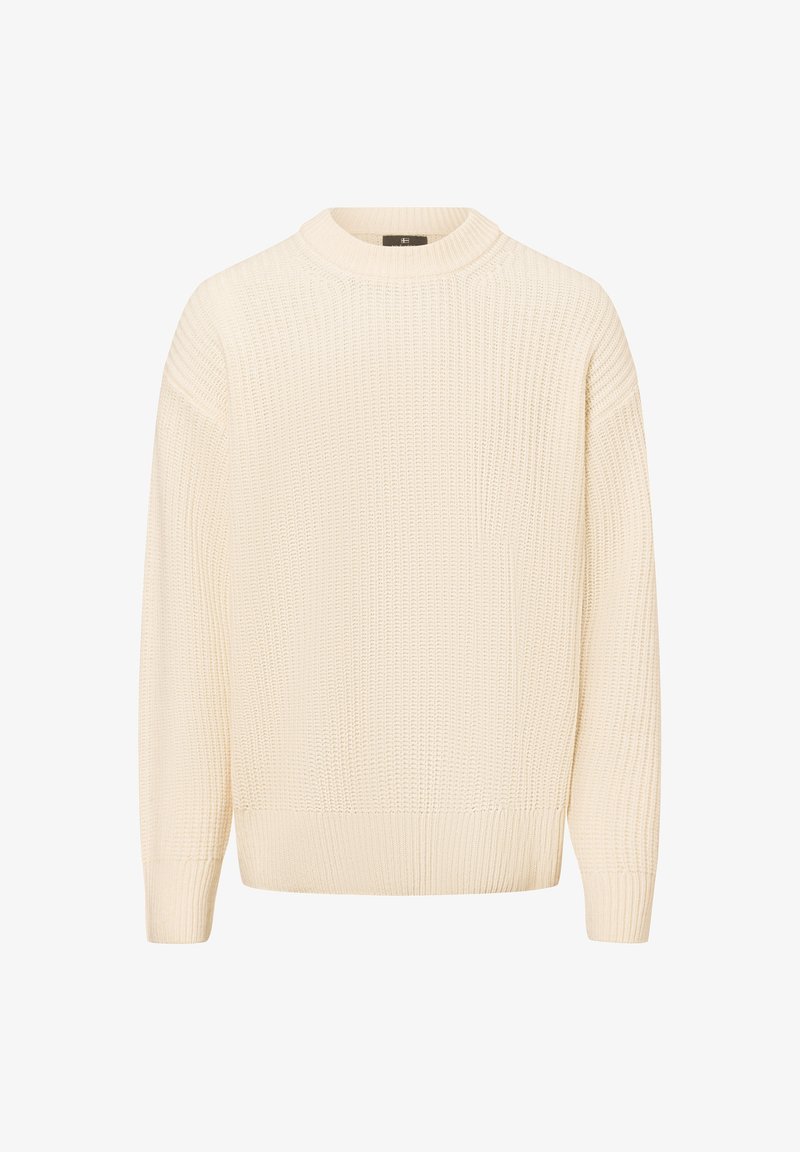 Cream-colored knitted sweater with a round neck and long sleeves. Features a textured pattern and ribbed hem and cuffs.
