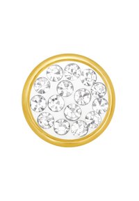 Gioco di gioielleria in tono oro, caratterizzato da numerosi cristalli trasparenti disposti in un arrangiamento circolare. Superficie liscia con texture riflettenti.