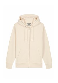 Haut à capuche zippé beige en coton doux, avec une capuche spacieuse, des poches kangourou à l'avant et des cordons de serrage ajustables. Design simple sans motifs.