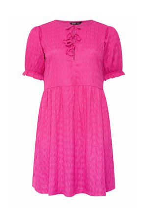 Bright pink textured short-sleeve dress with ruffle neckline ties, puff sleeves, and a gathered waistline.