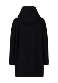 Cappotto nero realizzato in un tessuto morbido e texturizzato, con cappuccio e silhouette dritta. Progettato con maniche lunghe e taglio al ginocchio.