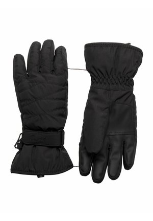 Schwarze Winterhandschuhe mit einem gesteppten Design, elastischen Bündchen und einem Lederakzent an der Handfläche. Verstellbarer Riemen am Handgelenk für eine optimale Passform.