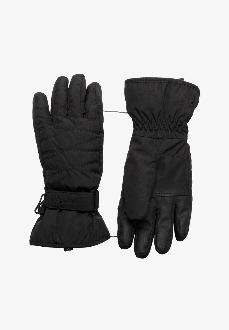 Zwarte winterhandschoenen met een gewatteerd ontwerp, elastische manchetten en een leren accent op de palm. Verstelbare band bij de pols voor de pasvorm.